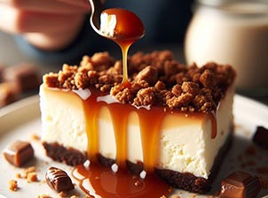Una persona comiendo una tarta de queso con caramelo